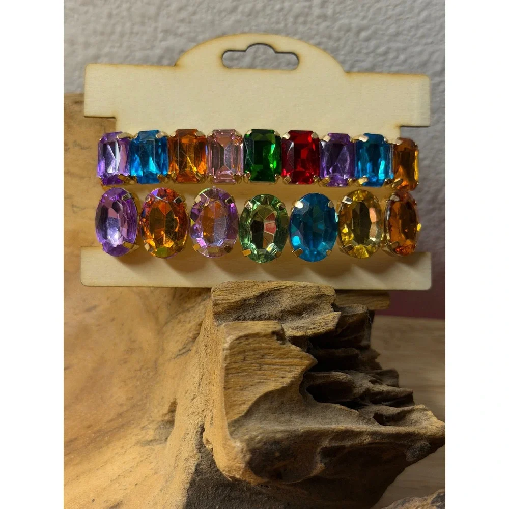 Rainbow Rhinestone Stretch Bracelet Set Gold Tone Emerald Oval Cut Crystal 2pc‎